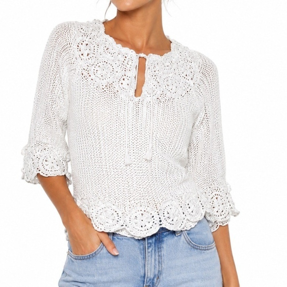 Allegra Crochet Knit Top Women L XL White Boho Coastal Floral Tassel Cottagecore